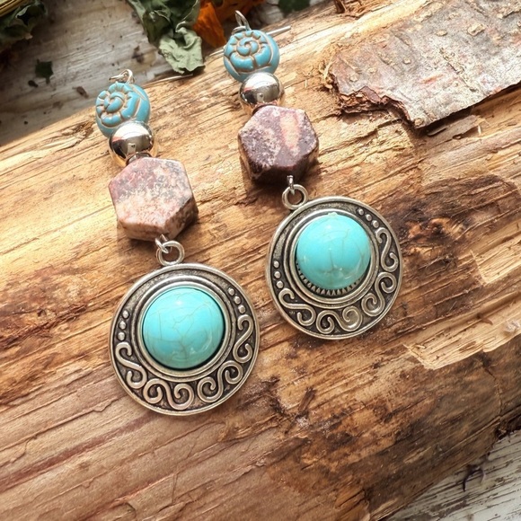 Blue and Silver Dangle Earrings with Ornate Design - Picture 1 of 1